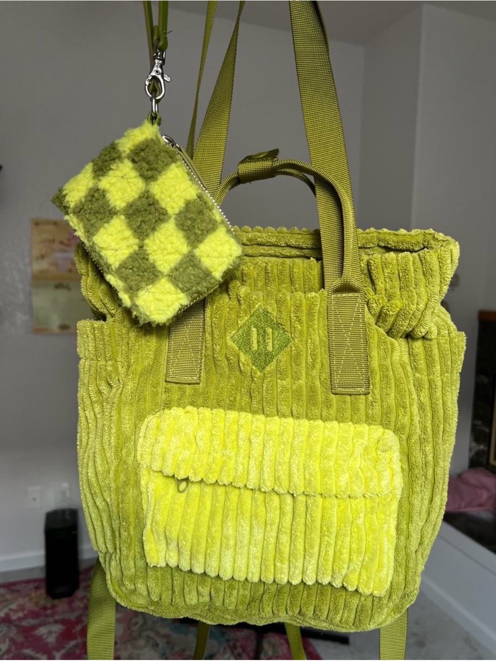 Women's Plush Corduroy Tote Bag with Checker Pouch - Lime Green
